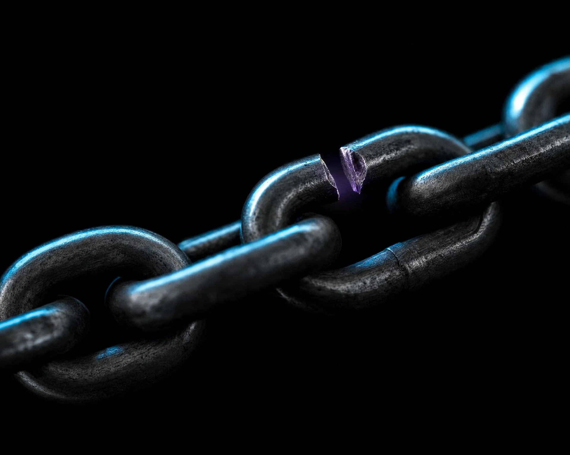 A heavy steel chain in close up, with one link broken open