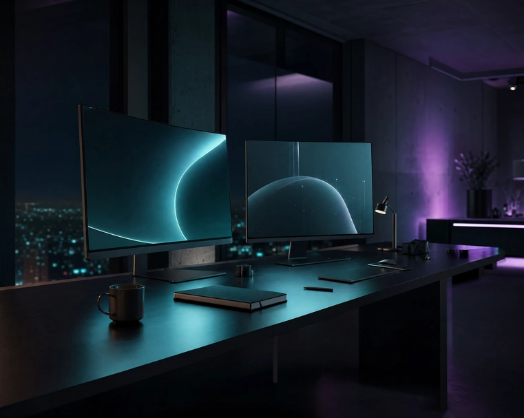 A dark studio workspace at night, two monitors glowing teal above a long desk